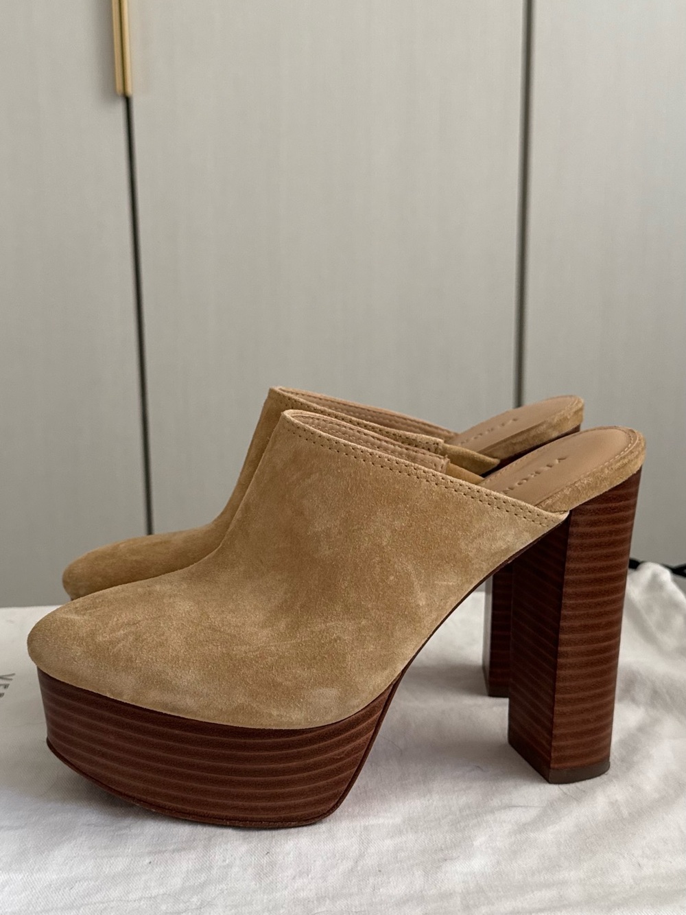 Veronica Beard Tan Suede Platform Mule Heels